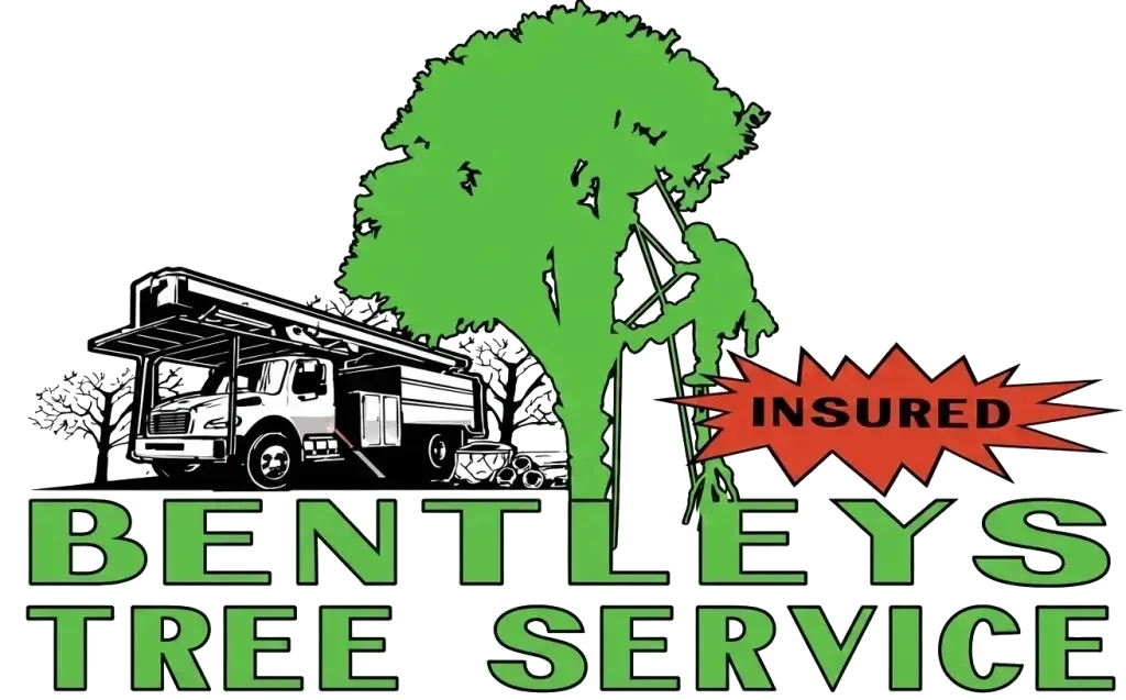 Logo for Bentleys Tree Service featuring a truck, a tree, and a red starburst with the word