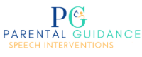 Logo with "PG" initials, Parental Guidance Speech Interventions in text. Blue and teal color scheme.