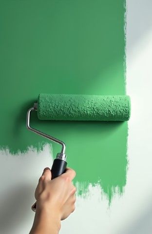 Hand painting a white wall green with a paint roller.