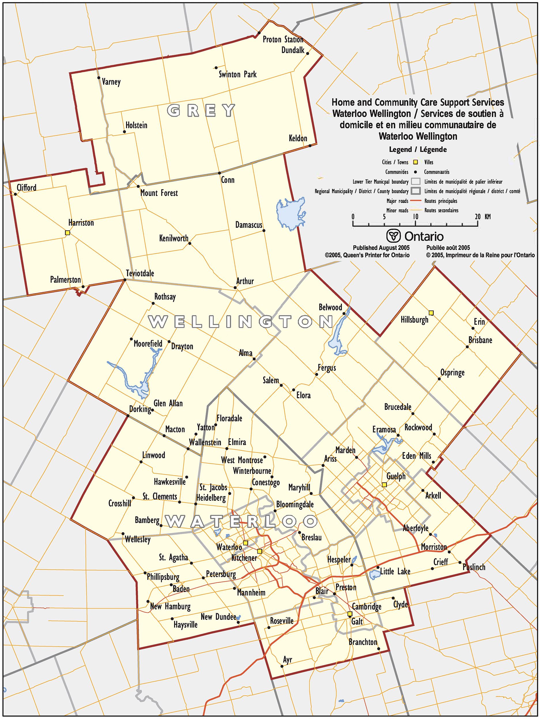 A map of ontario showing the boundaries of each county