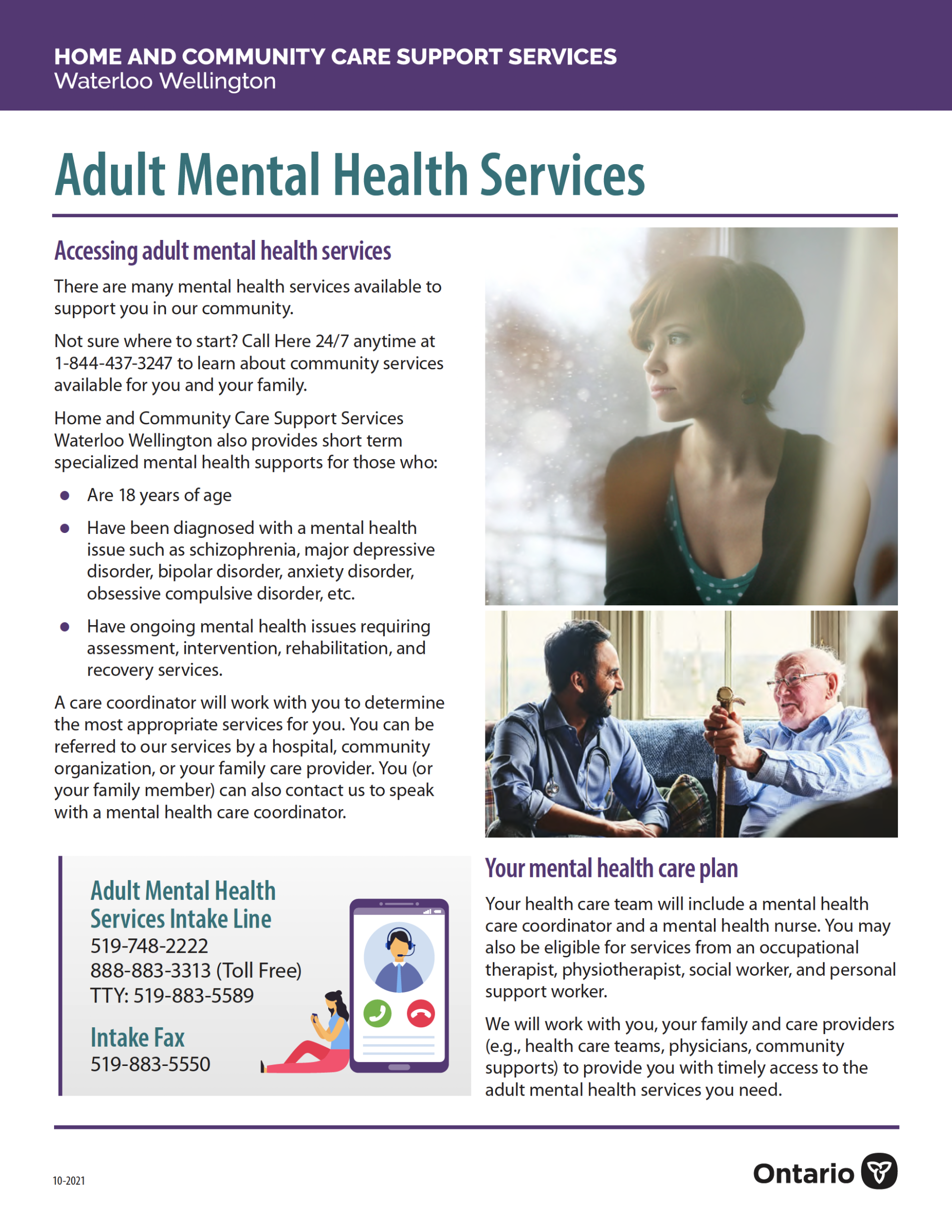 A flyer for adult mental health services shows a woman sitting on a couch talking to a man.