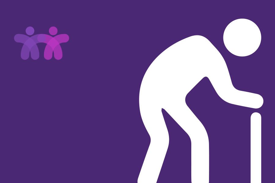 A white silhouette of an elderly man leaning on a cane on a purple background
