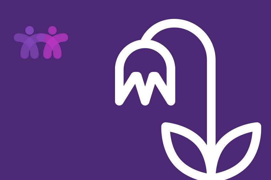A purple background with a white icon of a flower