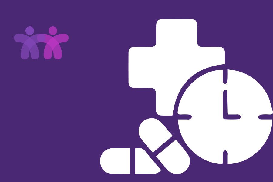 A purple background with a white cross and a clock