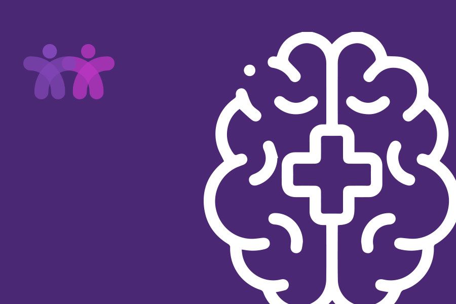 A white brain with a cross in the middle on a purple background.