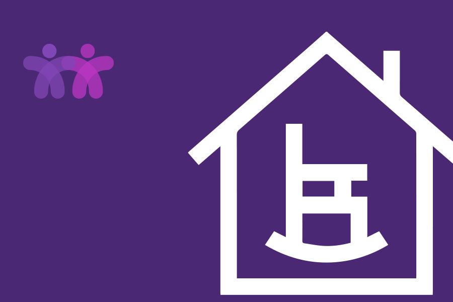 A white house with a rocking chair inside of it on a purple background