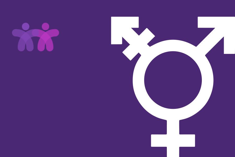 A transgender symbol on a purple background with two people standing next to each other