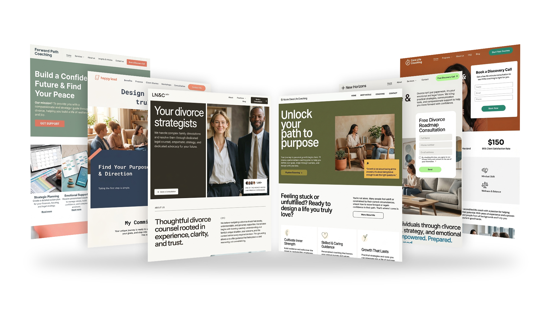 Website mockups showing responsive designs displayed across multiple devices and browser windows