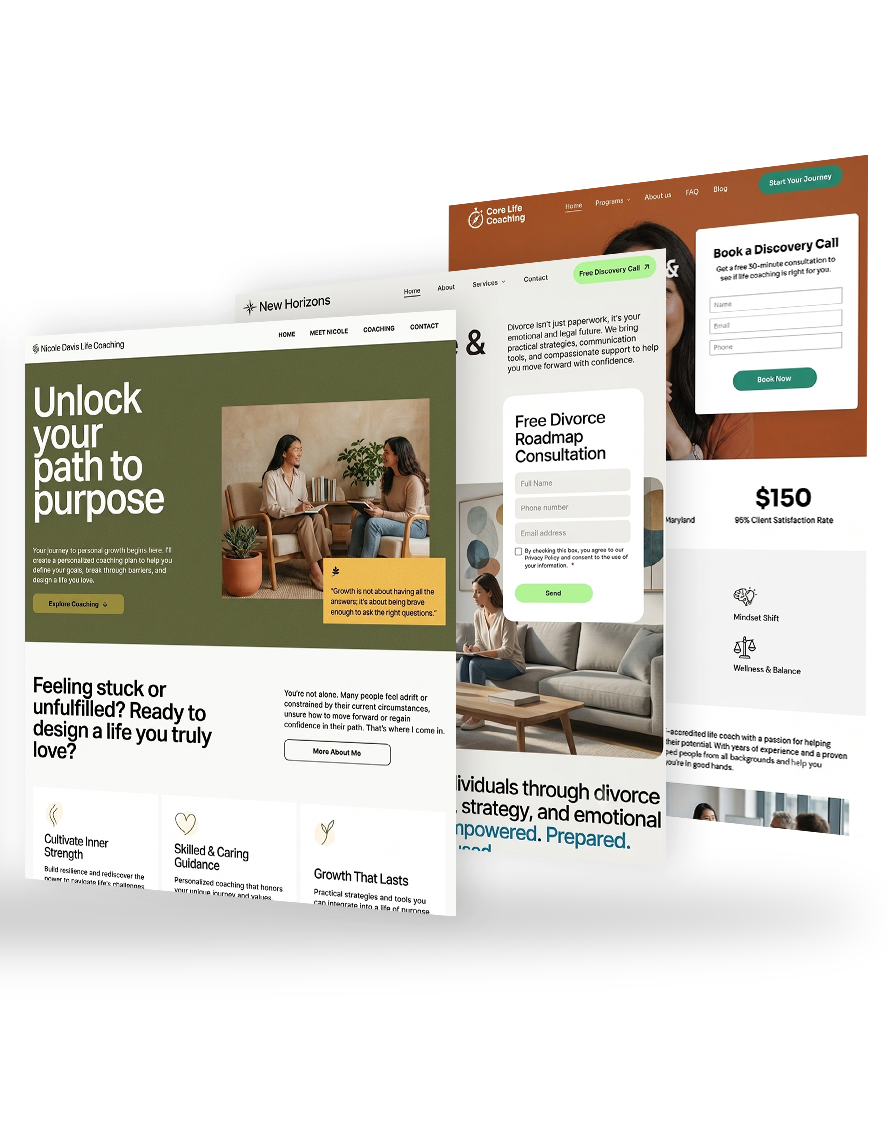 Overlapping website mockups with green, brown, and white layouts on a white background