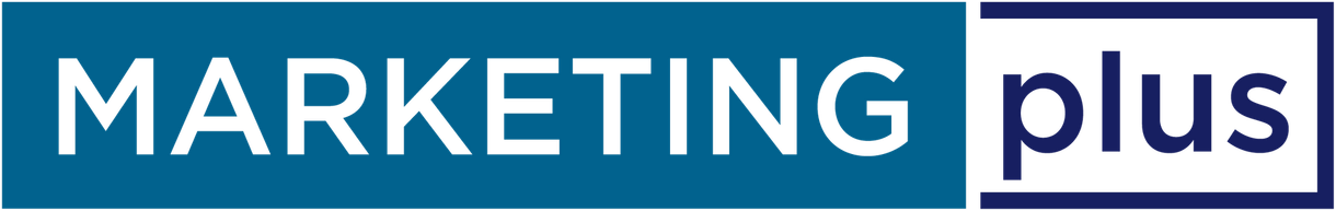 Marketing Plus logo in white text on blue and white background
