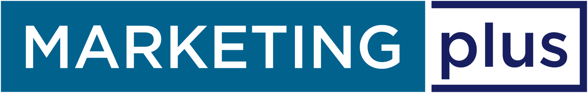 Marketing Plus logo in white text on blue and white background