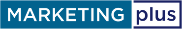 Marketing Plus logo in white text on blue and white background