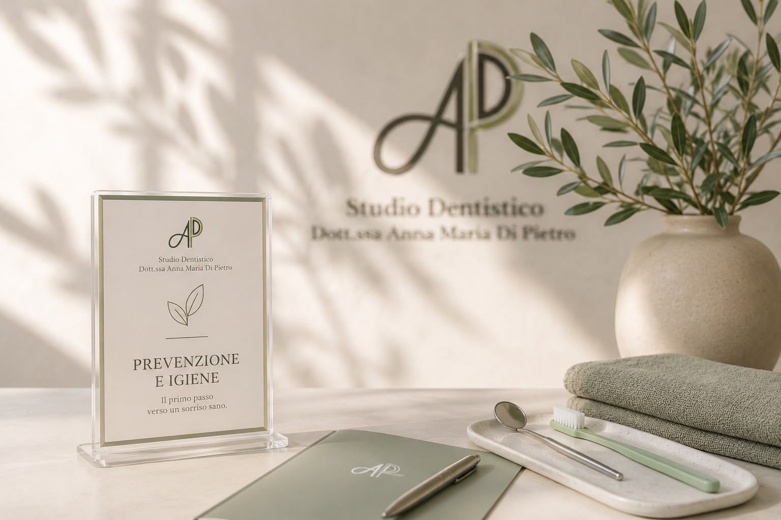 Elegante espositore per clinica dentistica con targa del logo, biglietti da visita e asciugamani piegati su una superficie beige tenue.