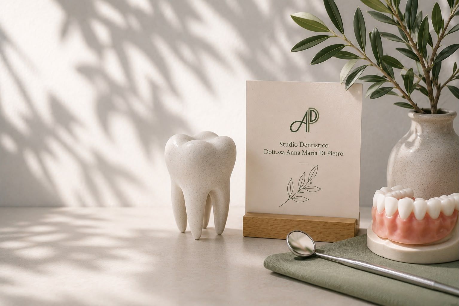 Arredamento minimalista per la casa con una statuetta di elefante bianco, un biglietto d'invito, una candela e una pianta su un tavolo luminoso.