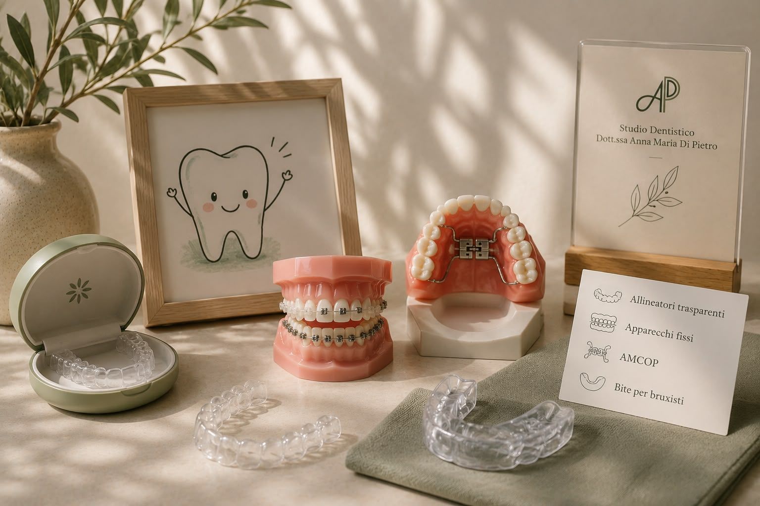 Esposizione di dentini da latte con gioielli a tema dentini e scatoline ricordo su un tavolo illuminato dal sole.
