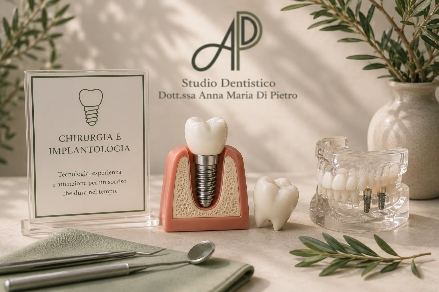 Allestimento per studio dentistico con modello di dente, biglietti da visita, barattolo di vetro e foglie verdi su un tavolo luminoso.