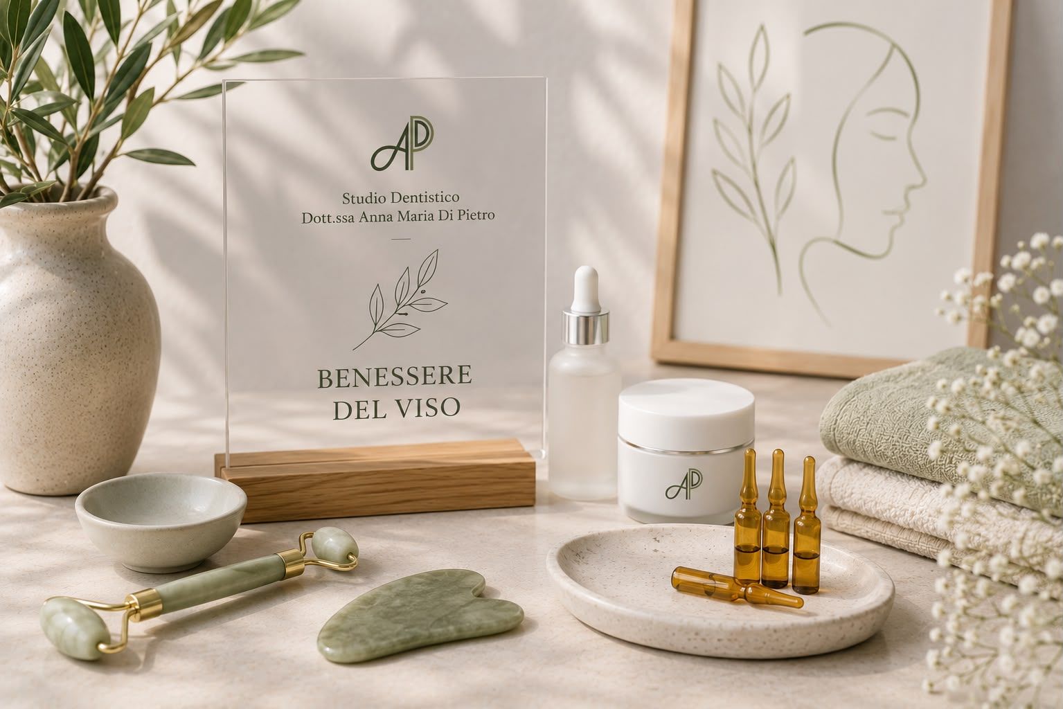Allestimento minimalista da spa con candela, pietre, tè e quadri incorniciati in delicate tonalità beige.