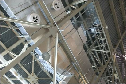 Looking up at the ceiling of a building