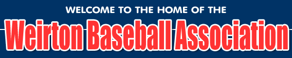 Logo reading “Welcome to the Home of the Weirton Baseball Association” in red and white on blue.