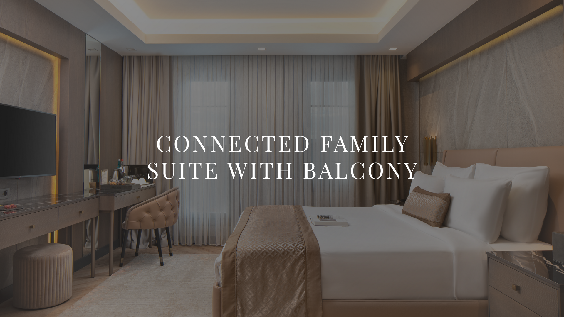 Hotel bedroom with twin beds, balcony, and desk, overlaid with “Connected Family Suite with Balcony” text