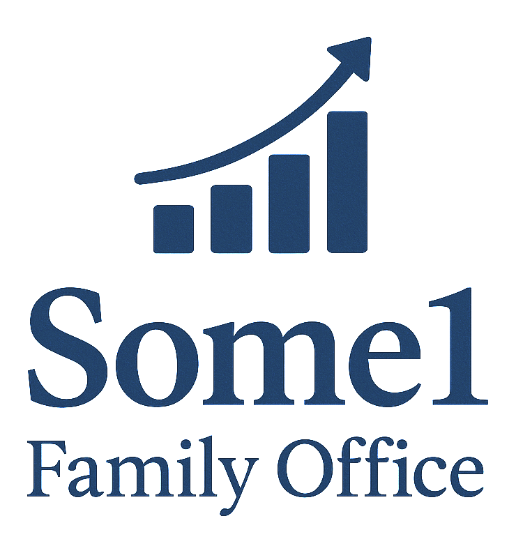 Somel Family Office logo with blue upward bar chart and arrow