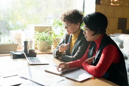 Two people working at a sunlit desk with laptop, notebook, and potted plants