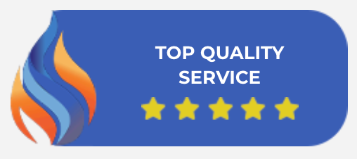 Blue “Top Quality Service” badge with gold stars and a flame icon