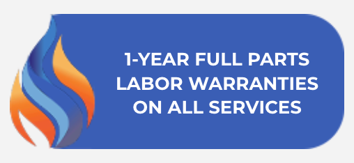 Blue service badge with flame logo and text: “1-year full parts labor warranties on all services.”