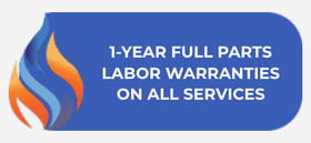 Blue service badge with flame logo and text: “1-year full parts labor warranties on all services.”