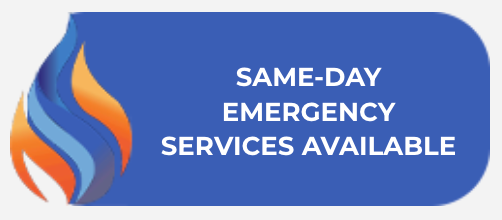 Blue rounded banner with flame logo and white text: “SAME-DAY EMERGENCY SERVICES AVAILABLE”