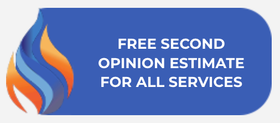Blue banner with flame logo and white text: “FREE SECOND OPINION ESTIMATE FOR ALL SERVICES”
