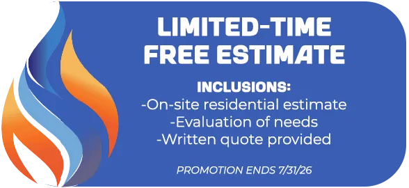 Limited-time free estimate ad with blue-orange flame logo and list of included services; ends 7/31/26