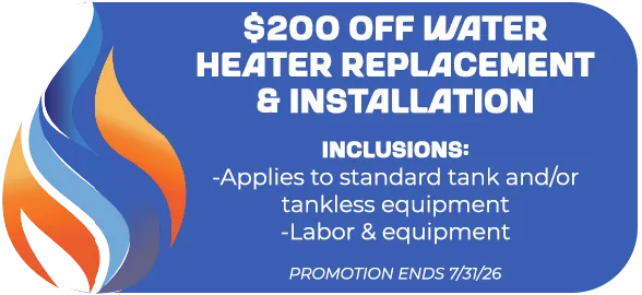 Blue promo graphic for water heater replacement and installation, $200 off, with flame icon and white text