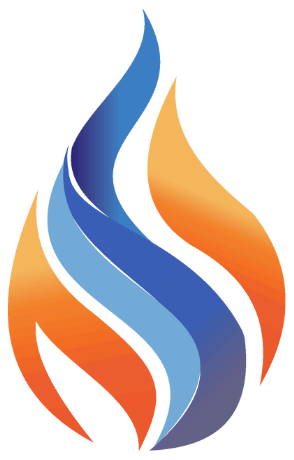 Abstract flame logo in blue, light blue, orange, and gold on a white background
