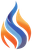 Abstract flame logo in blue, light blue, orange, and gold on a white background