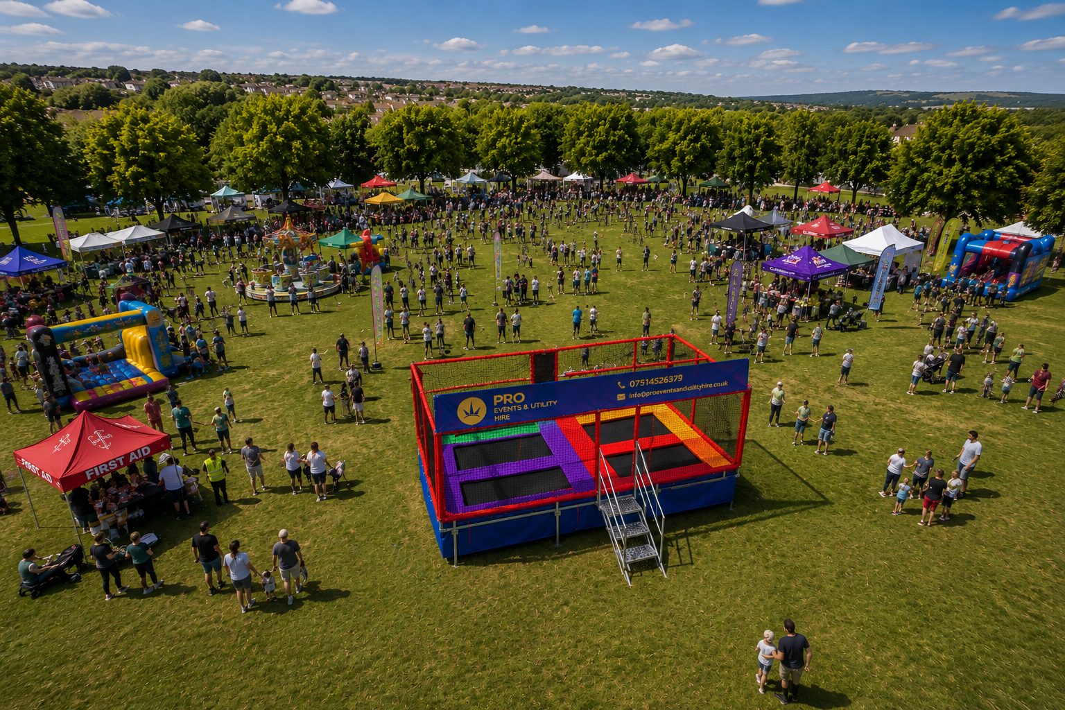 Crowd at an outdoor festival with colorful tents and a bouncy castle on a grassy field.