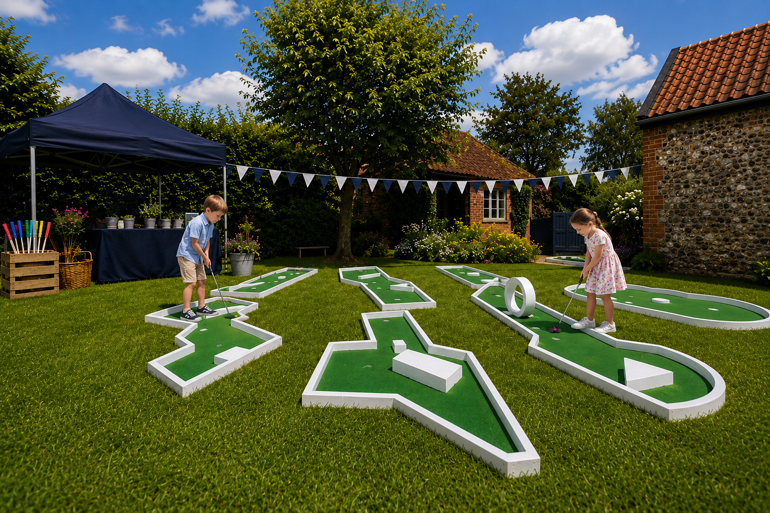 Children playing mini golf on a grassy course with white-bordered holes, trees, and a blue canopy tent.