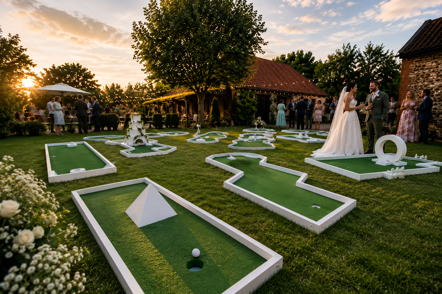 Wedding couple on a lawn minigolf course at sunset, with white course outlines and garden lights