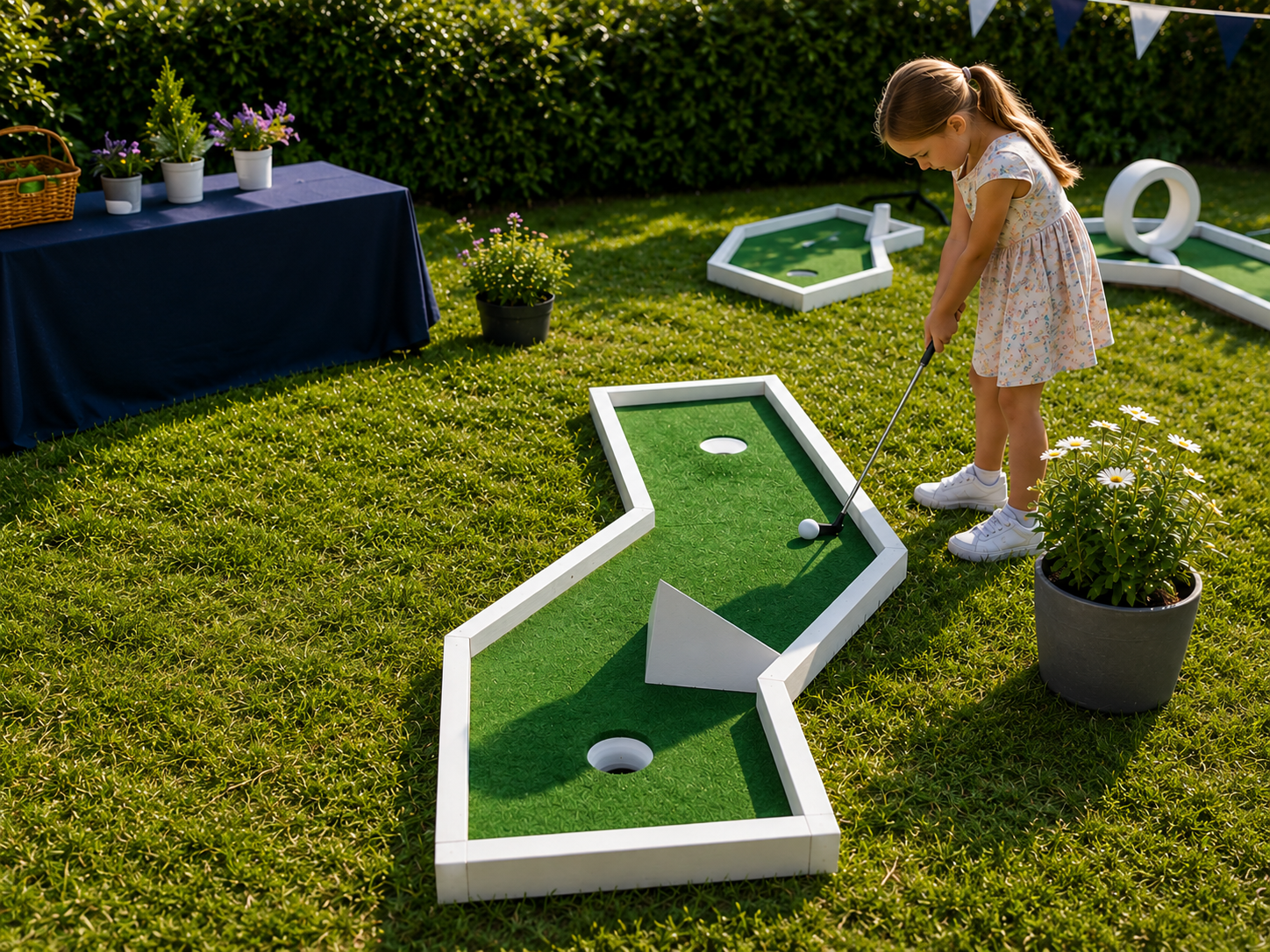 Girl putting on a mini-golf green in a sunny backyard garden