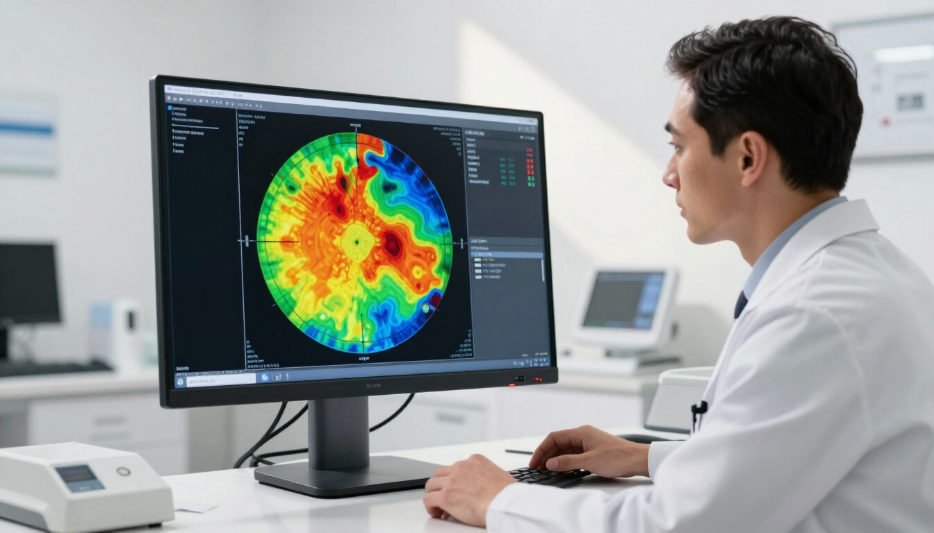 Mapa digital de la superficie corneal mostrado en un monitor de diagnóstico oftalmológico