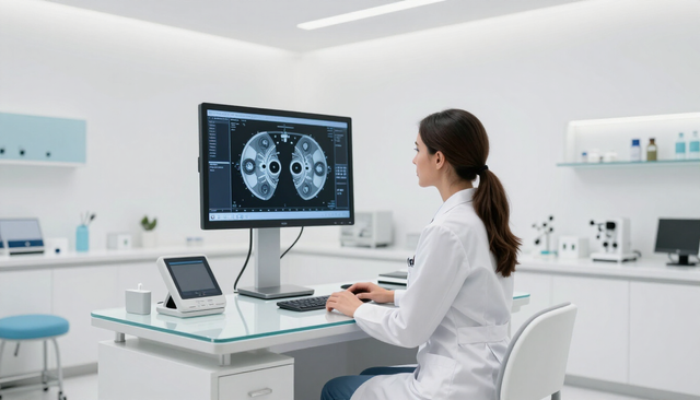 Un médico observa escáneres cerebrales en un monitor de escritorio en un consultorio médico bien iluminado.