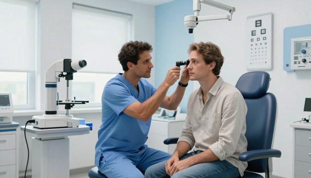 Un médico examina el ojo de un paciente en una clínica luminosa con equipo médico cerca.
