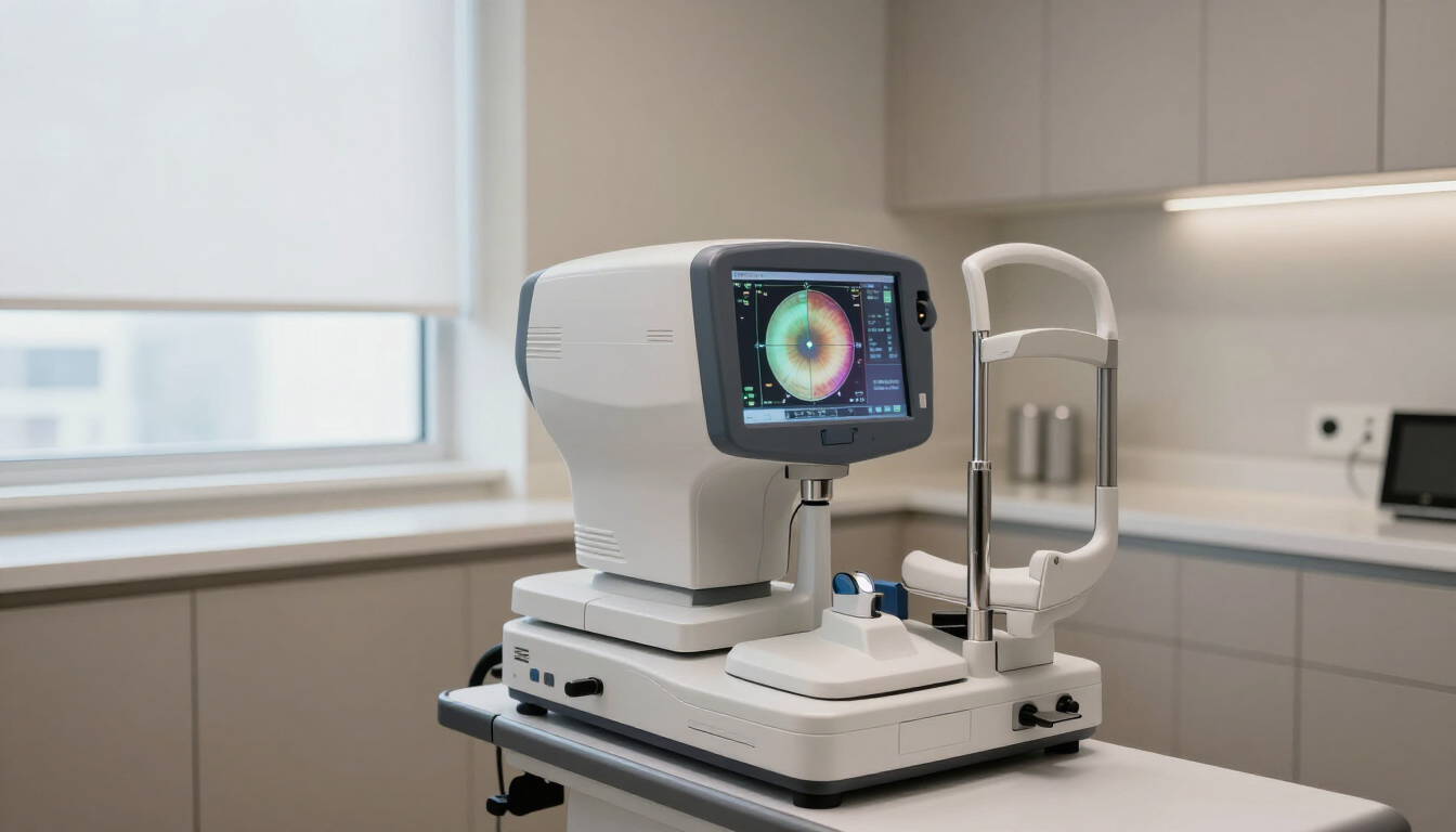 Dispositivo de diagnóstico médico sobre una mesa de laboratorio en una luminosa sala clínica, con un monitor y un brazo articulado.