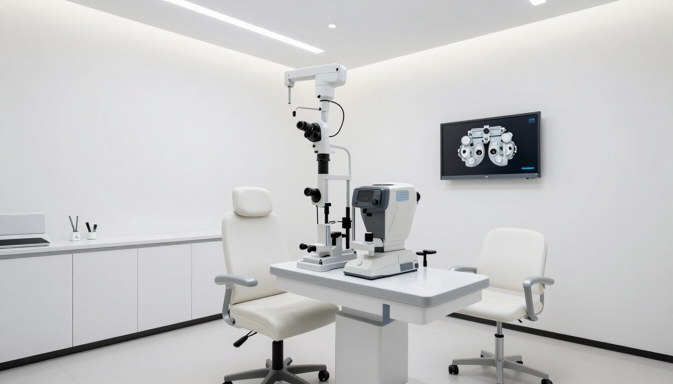 Sala de examen ocular luminosa con lámpara de hendidura, sillón de examen y tabla optométrica en la pared.