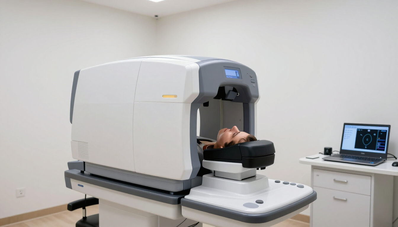 Paciente sometido a una exploración médica en una máquina de imagen blanca junto a un ordenador portátil en una sala clínica.