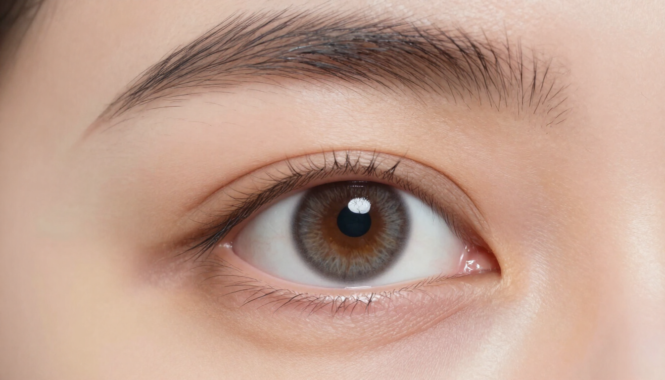 Primer plano de un ojo marrón con cejas bien arregladas y maquillaje sutil.