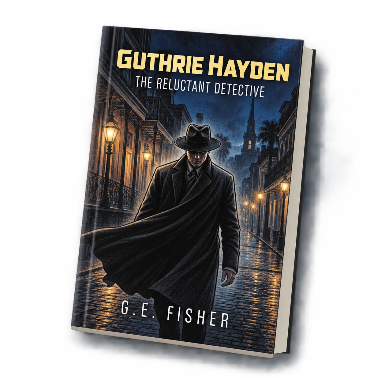 Book cover: Man in coat facing lightning, title