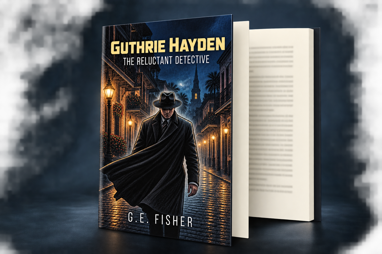 Book cover: Person in trench coat with lightning,