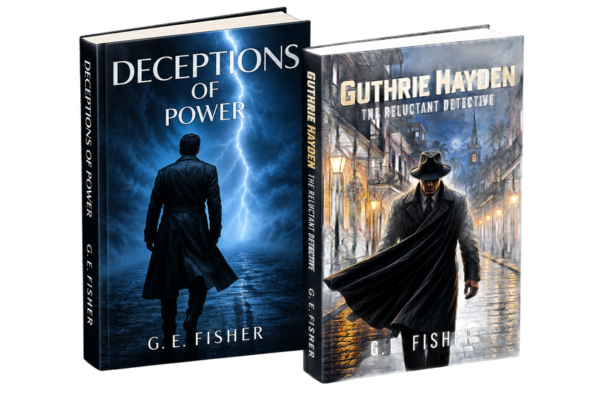 Book cover: Man in coat facing lightning, title 