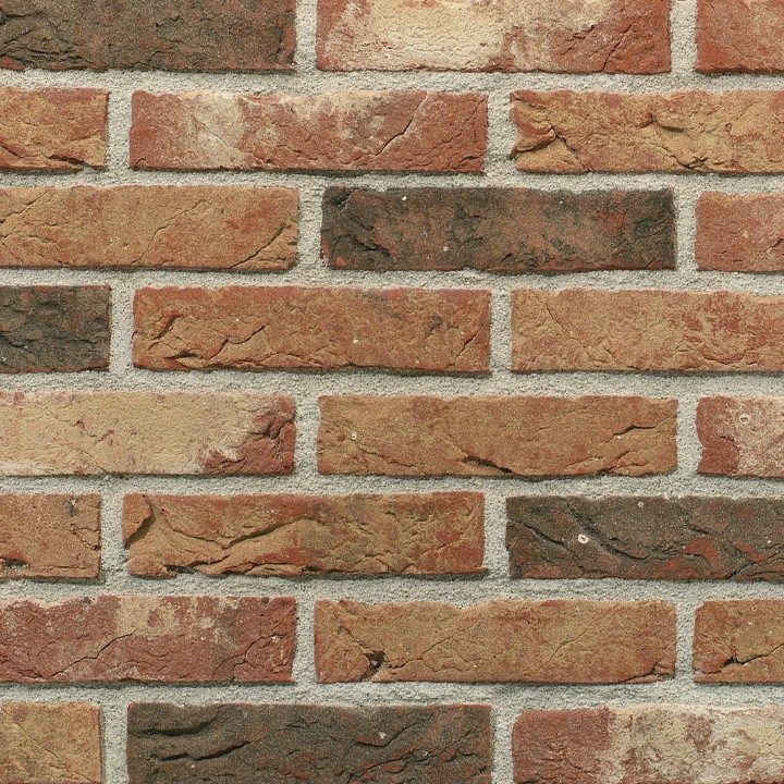 Brick wall, red, brown, and tan bricks with gray mortar.